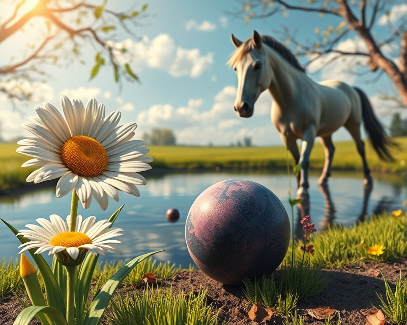 crayon, daisy, horse, pond, bowling ball